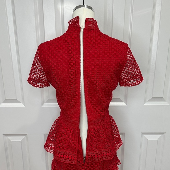 Aqua Vibrant Red Lace Overlay Scalloped Tier Ruffles Holiday Mini Dress Size S - Picture 12 of 16